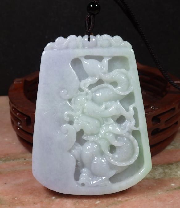 Certified Hand Carved Lavender Green Natural Myanmar Burma A Jade Jadeite Dragon Bat Pendant Necklace