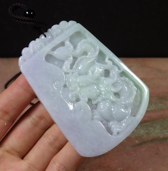 Certified Hand Carved Lavender Green Natural Myanmar Burma A Jade Jadeite Dragon Bat Pendant Necklace