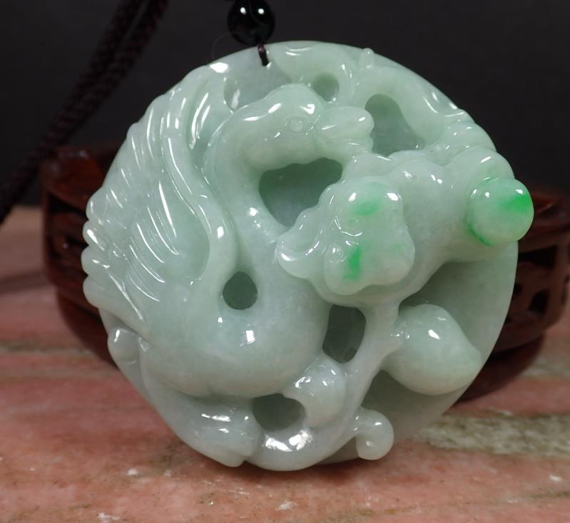 Certified Green Natural Myanmar Burma Grade A Jade jadeite Swan Lotus Flower Pendant Necklace