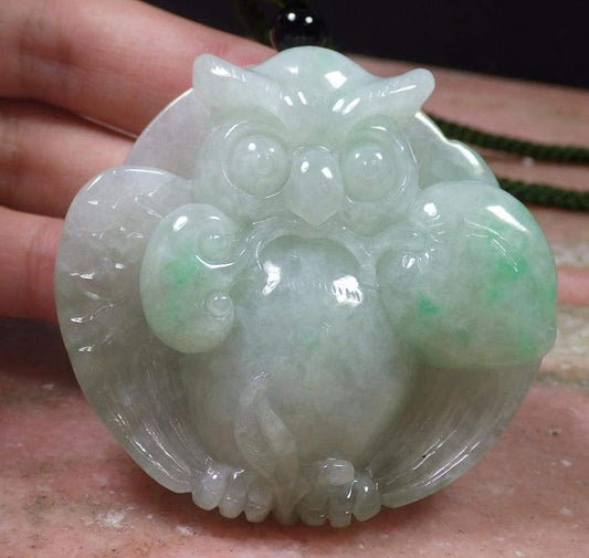 Certified Hand Carved Green 100% Natural Myanmar Burma A Jade jadeite OWL Peach Lotus Pendant Necklace