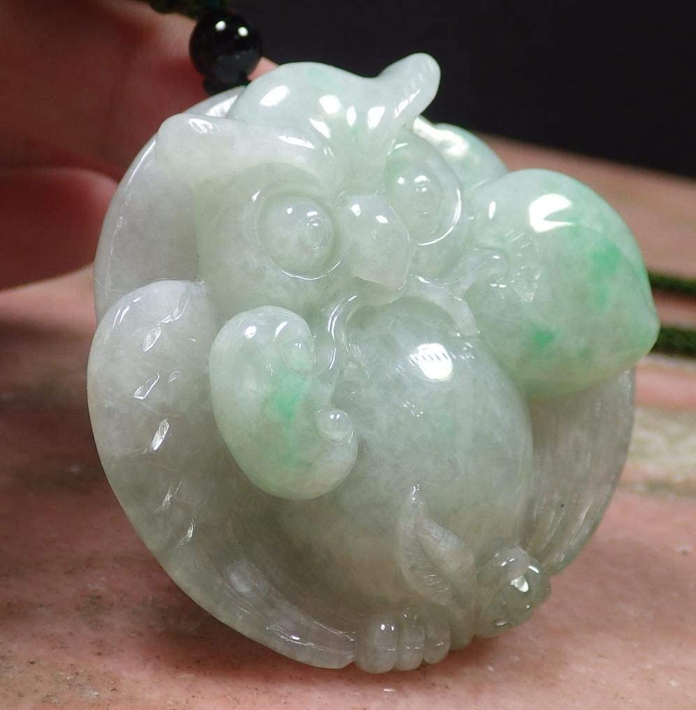 Certified Hand Carved Green 100% Natural Myanmar Burma A Jade jadeite OWL Peach Lotus Pendant Necklace