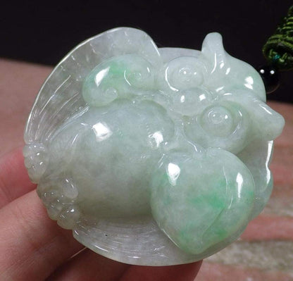 Certified Hand Carved Green 100% Natural Myanmar Burma A Jade jadeite OWL Peach Lotus Pendant Necklace