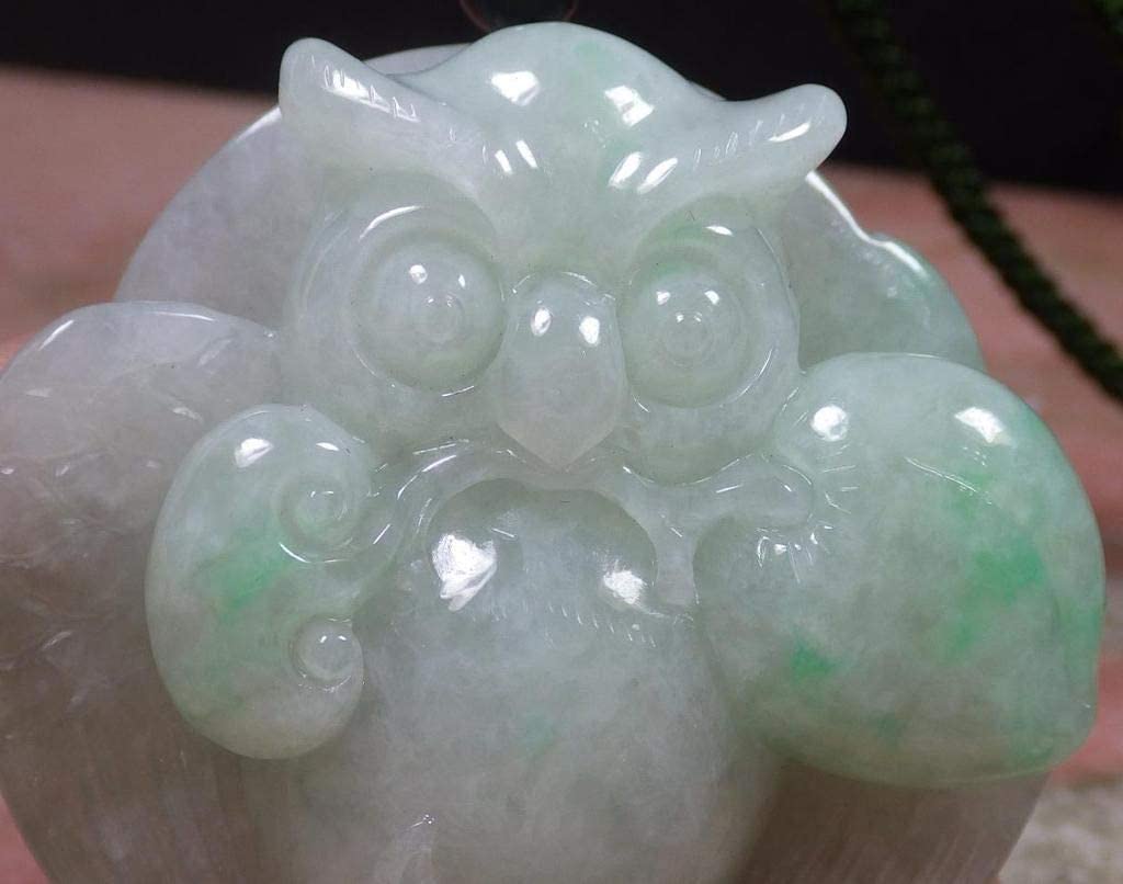 Certified Hand Carved Green 100% Natural Myanmar Burma A Jade jadeite OWL Peach Lotus Pendant Necklace