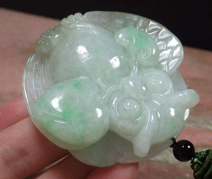 Certified Hand Carved Green 100% Natural Myanmar Burma A Jade jadeite OWL Peach Lotus Pendant Necklace