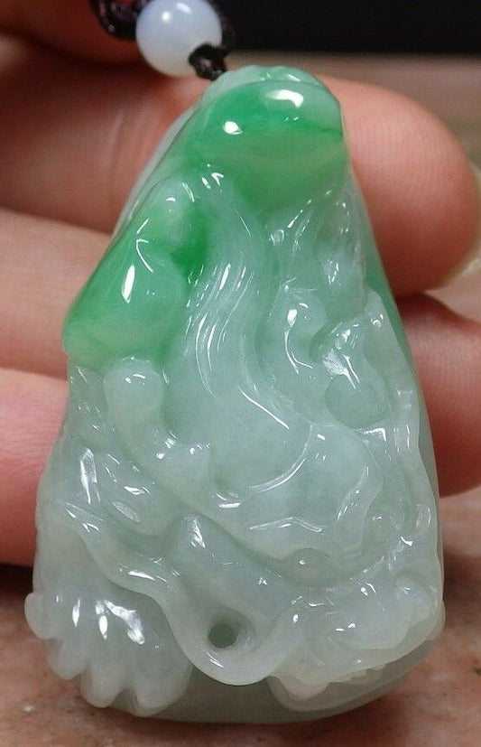 Certified Hand Carved Green Natural Myanmar Burma A Jade jadeite Dragon Lotus Flower Pendant Necklace