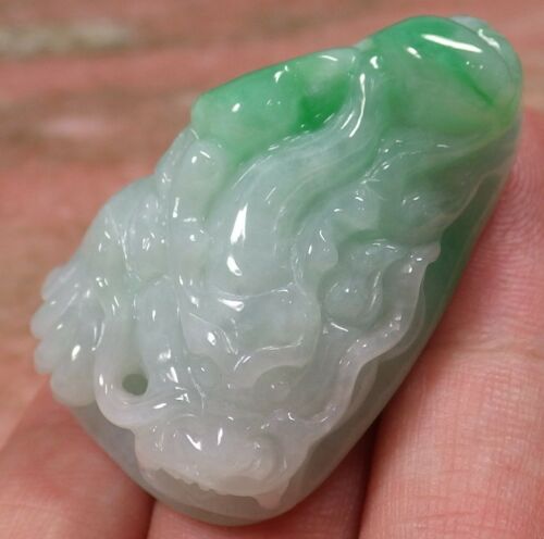 Certified Hand Carved Green Natural Myanmar Burma A Jade jadeite Dragon Lotus Flower Pendant Necklace