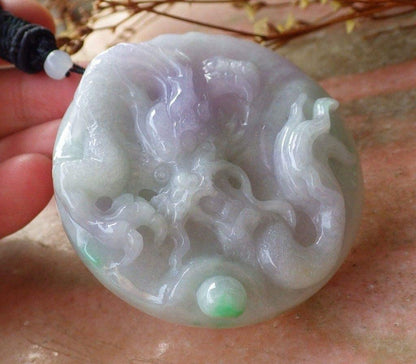 Certified Hand Carved Lavender Green Natural Myanmar Burma A Jade jadeite Dragon Bead Pendant Necklace