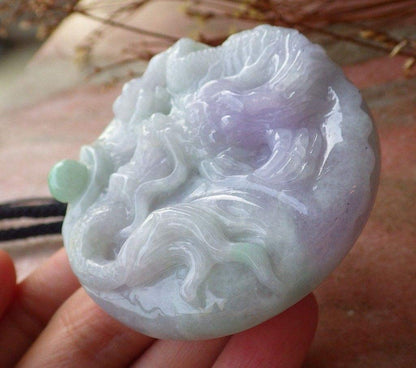 Certified Hand Carved Lavender Green Natural Myanmar Burma A Jade jadeite Dragon Bead Pendant Necklace