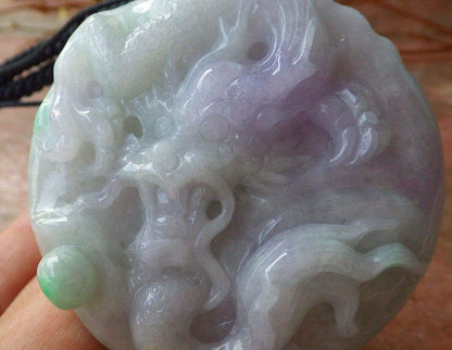 Certified Hand Carved Lavender Green Natural Myanmar Burma A Jade jadeite Dragon Bead Pendant Necklace