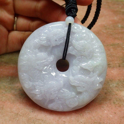 Certified Hand Carved Lavender Natural Myanmar Burma A Jade Jadeite 9 Dragon Spit Bead Pendant Necklace