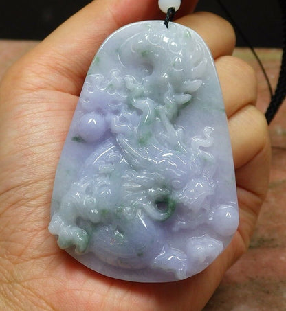 Certified Hand Carved Lavender Green 100% Natural Myanmar Burma A Jade jadeite Dragon Bead Pendant Necklace