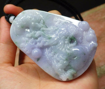 Certified Hand Carved Lavender Green 100% Natural Myanmar Burma A Jade jadeite Dragon Bead Pendant Necklace