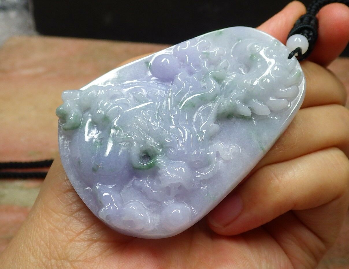 Certified Hand Carved Lavender Green 100% Natural Myanmar Burma A Jade jadeite Dragon Bead Pendant Necklace