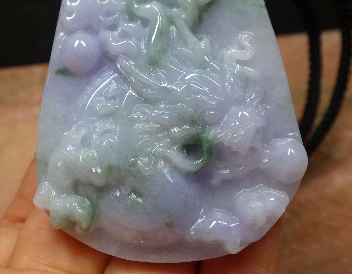 Certified Hand Carved Lavender Green 100% Natural Myanmar Burma A Jade jadeite Dragon Bead Pendant Necklace