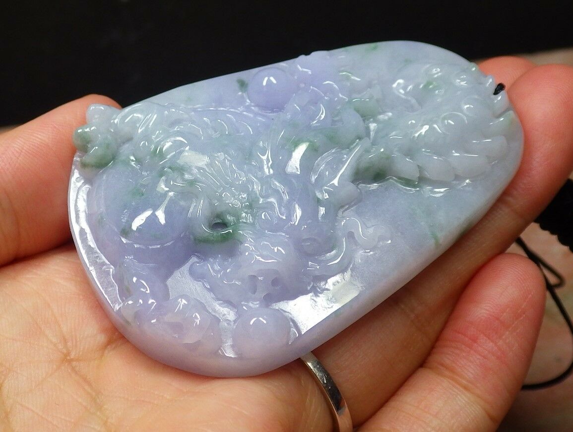 Certified Hand Carved Lavender Green 100% Natural Myanmar Burma A Jade jadeite Dragon Bead Pendant Necklace