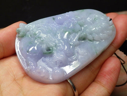 Certified Hand Carved Lavender Green 100% Natural Myanmar Burma A Jade jadeite Dragon Bead Pendant Necklace