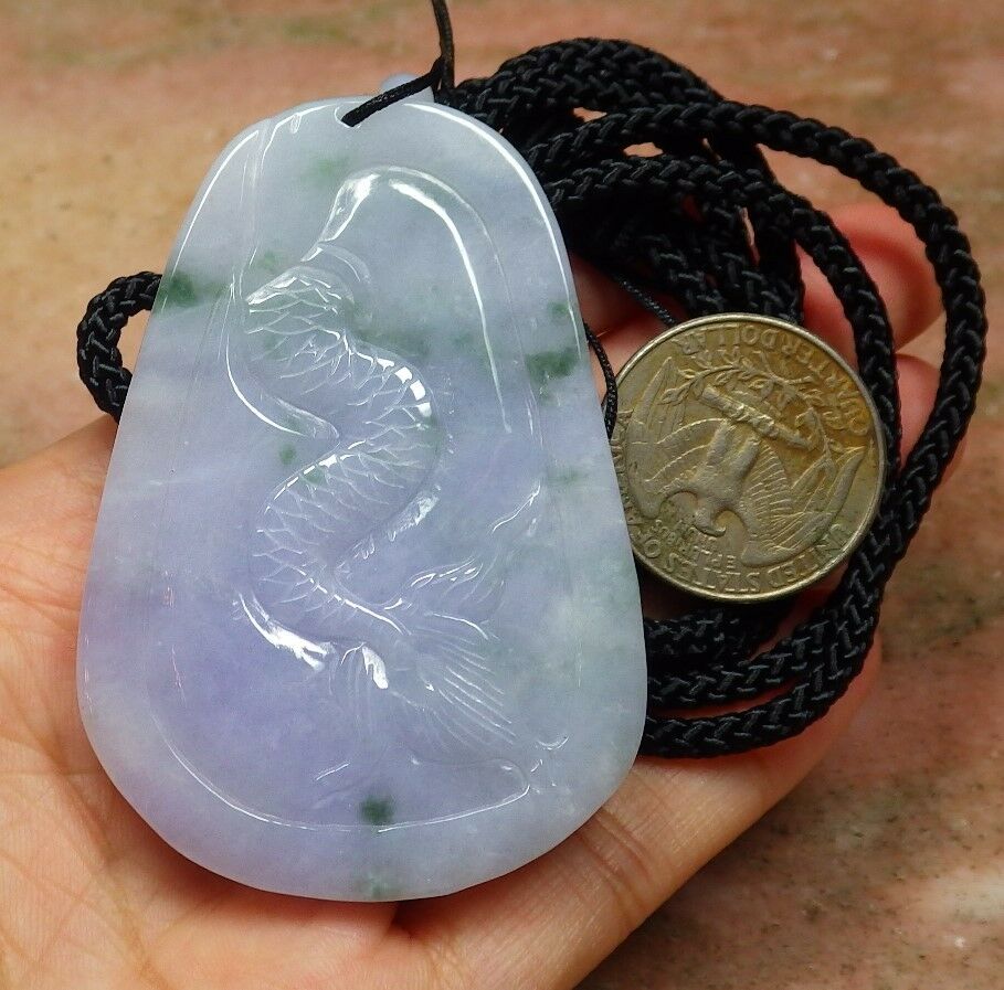 Certified Hand Carved Lavender Green 100% Natural Myanmar Burma A Jade jadeite Dragon Bead Pendant Necklace