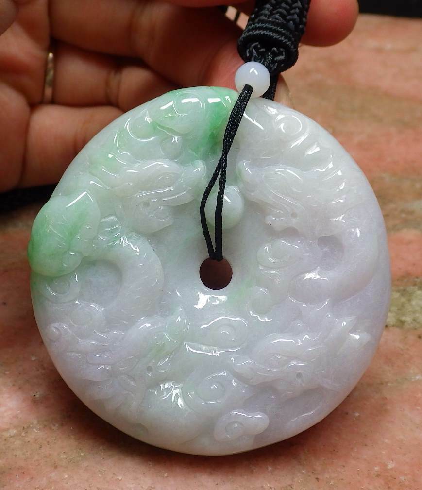 Certified Hand Carved Pale Lavender Green 100% Myanmar Burma Natural A Jade jadeite 9 Dragon Spit Bead Circle Pendant Necklace