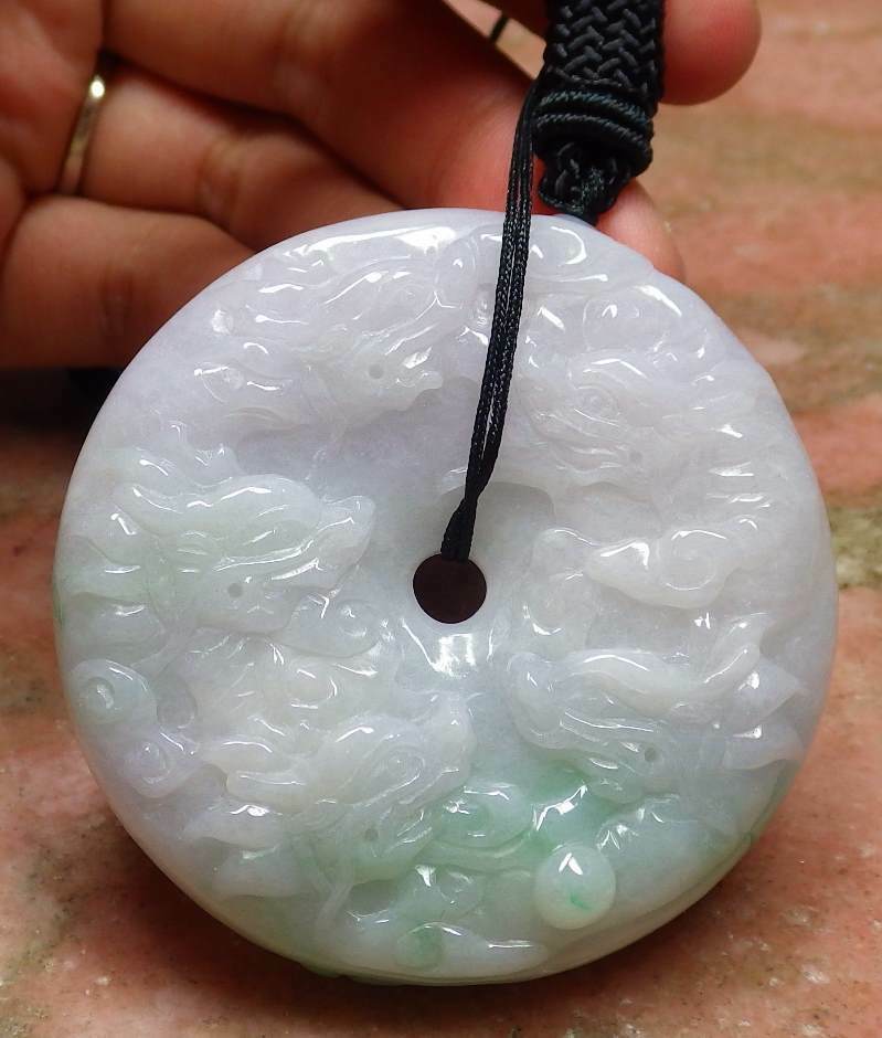 Certified Hand Carved Pale Lavender Green 100% Myanmar Burma Natural A Jade jadeite 9 Dragon Spit Bead Circle Pendant Necklace