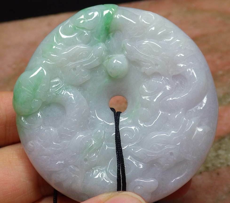 Certified Hand Carved Pale Lavender Green 100% Myanmar Burma Natural A Jade jadeite 9 Dragon Spit Bead Circle Pendant Necklace