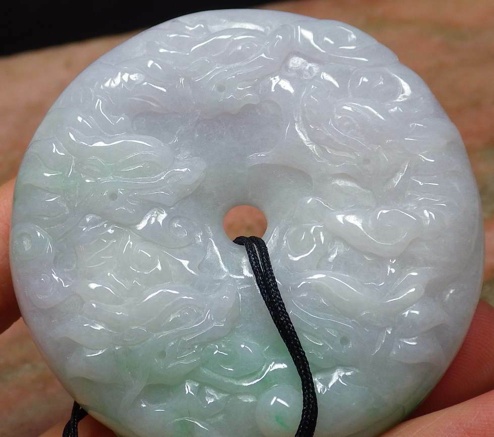 Certified Hand Carved Pale Lavender Green 100% Myanmar Burma Natural A Jade jadeite 9 Dragon Spit Bead Circle Pendant Necklace