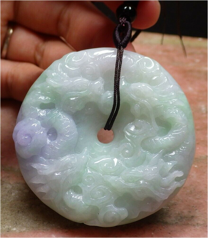 Certified Hand Carved Lavender Natural Myanmar Burma A Jade jadeite 9 Dragon Spit Bead Circle Donut Pendant Necklace