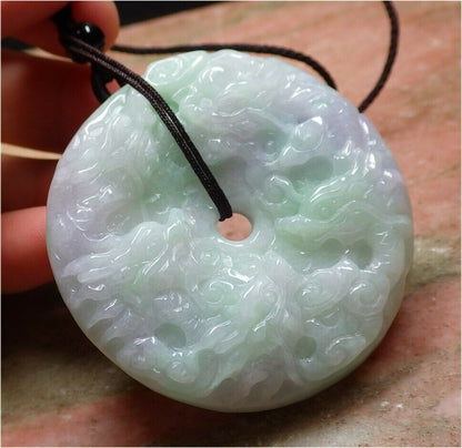 Certified Hand Carved Lavender Natural Myanmar Burma A Jade jadeite 9 Dragon Spit Bead Circle Donut Pendant Necklace