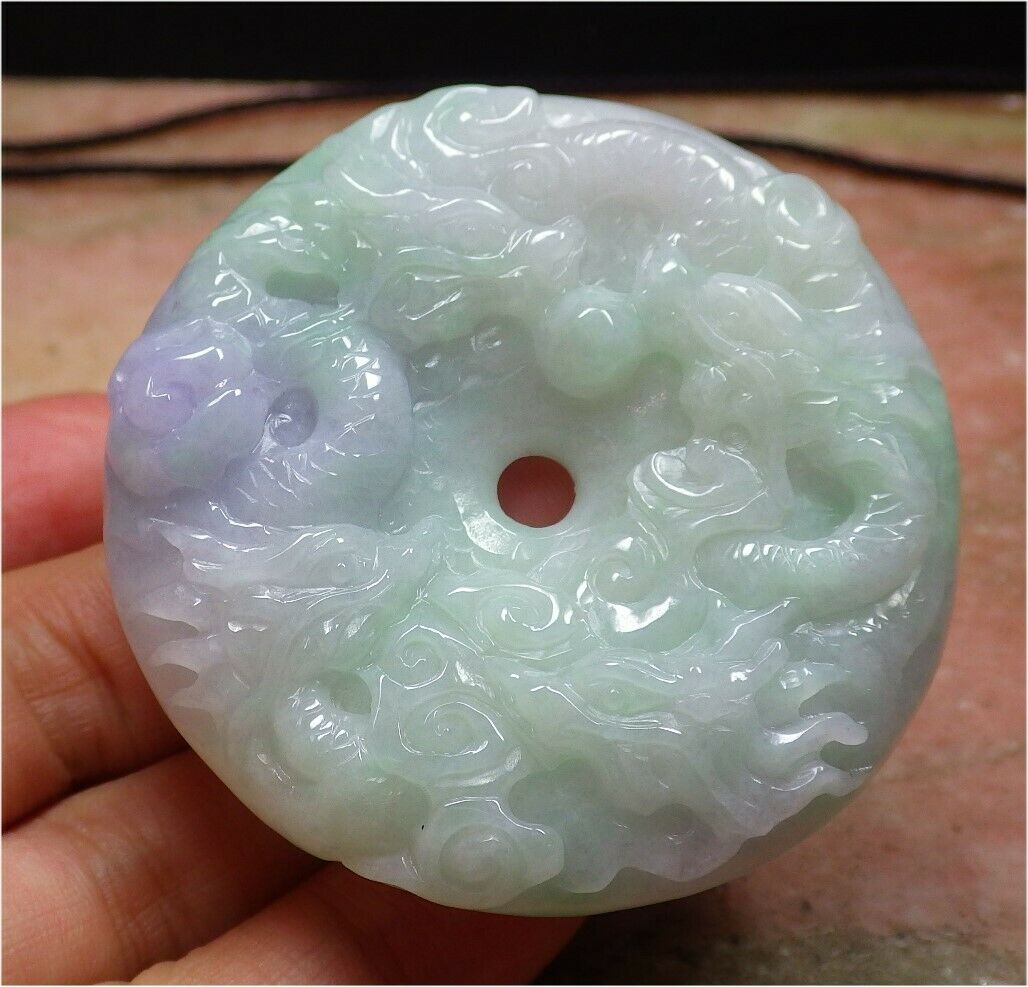 Certified Hand Carved Lavender Natural Myanmar Burma A Jade jadeite 9 Dragon Spit Bead Circle Donut Pendant Necklace