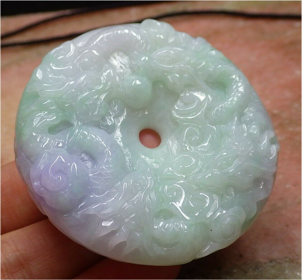 Certified Hand Carved Lavender Natural Myanmar Burma A Jade jadeite 9 Dragon Spit Bead Circle Donut Pendant Necklace