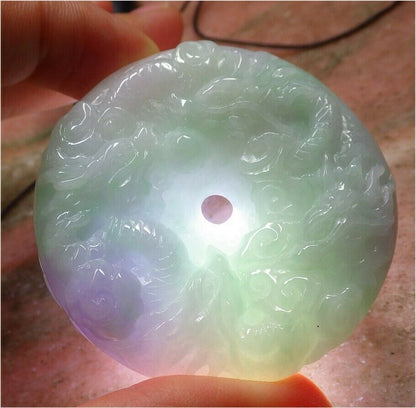 Certified Hand Carved Lavender Natural Myanmar Burma A Jade jadeite 9 Dragon Spit Bead Circle Donut Pendant Necklace