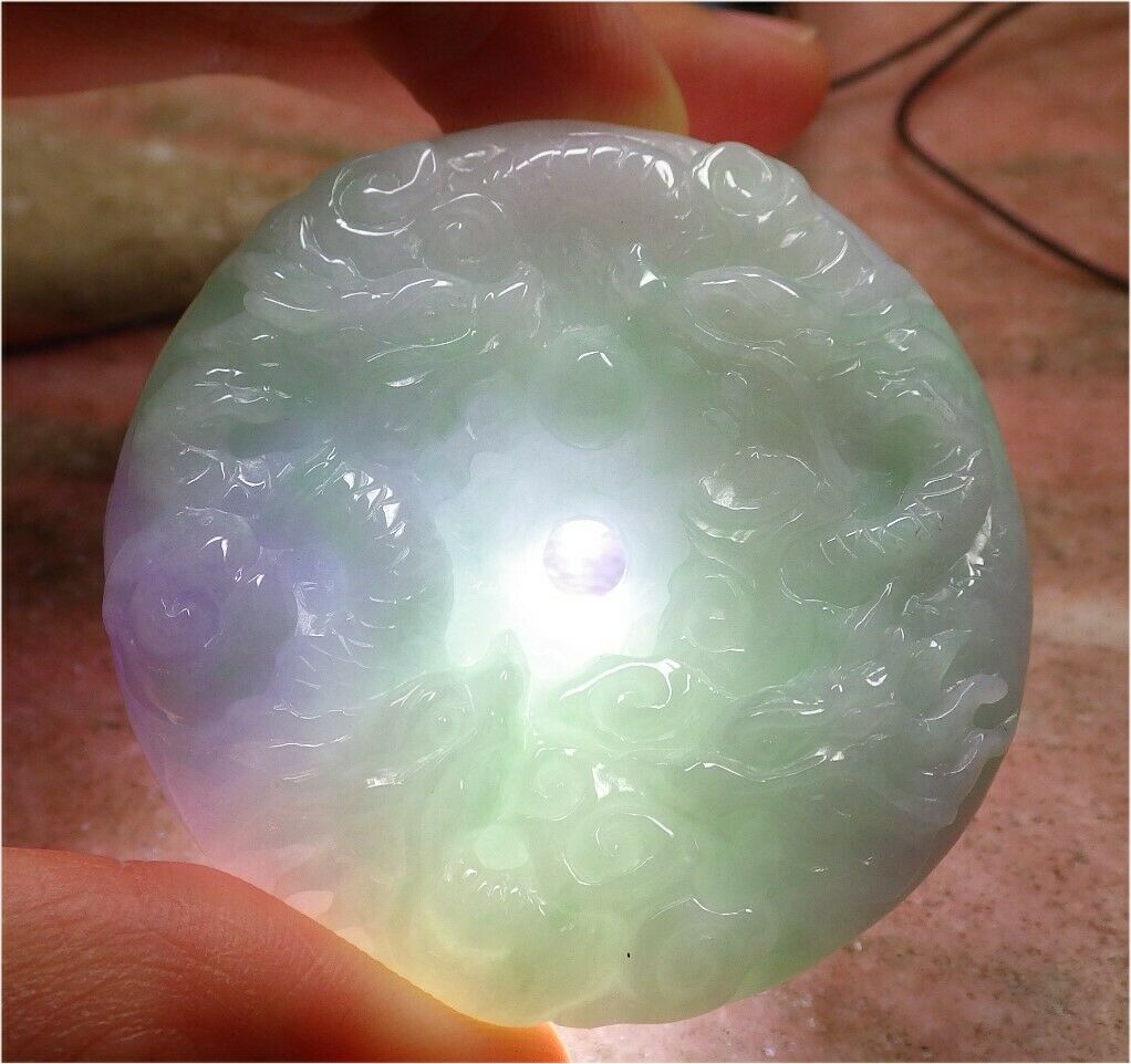 Certified Hand Carved Lavender Natural Myanmar Burma A Jade jadeite 9 Dragon Spit Bead Circle Donut Pendant Necklace