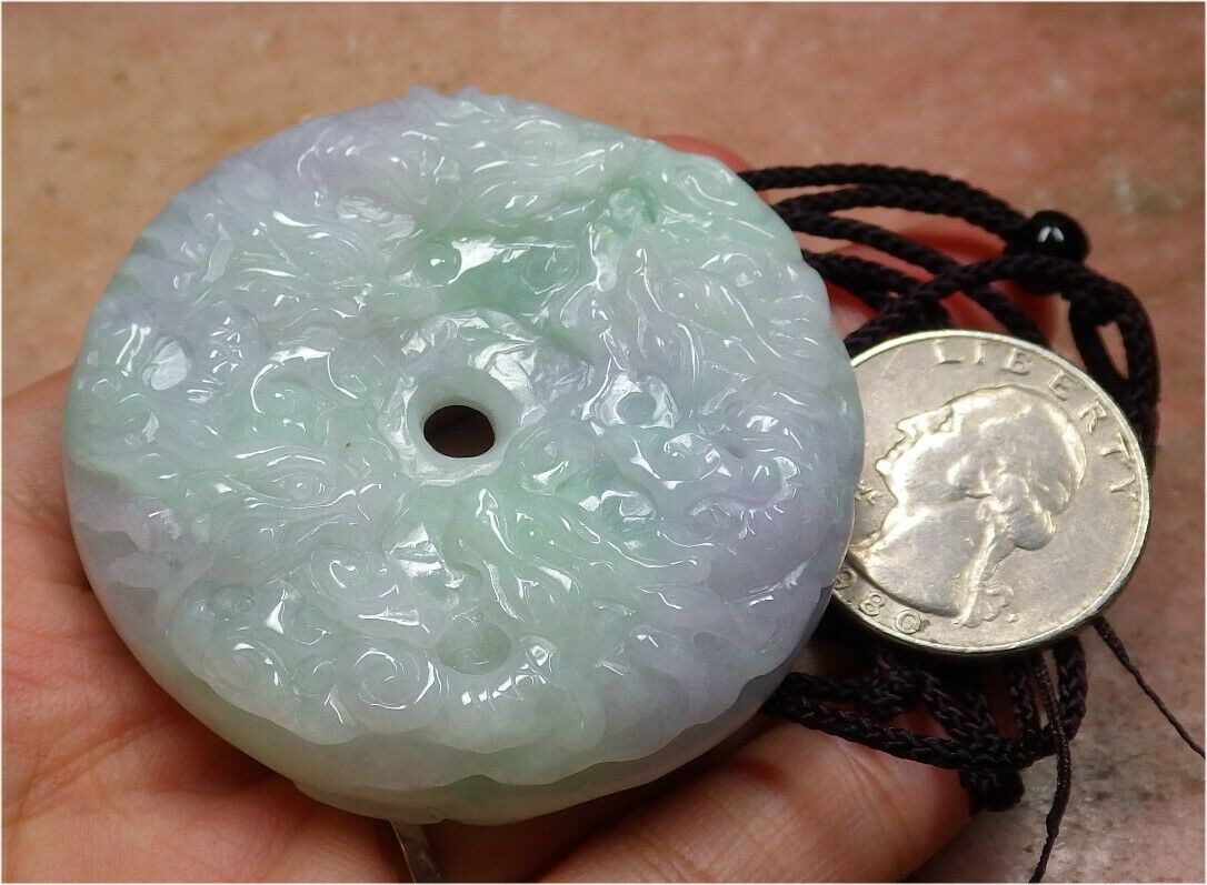 Certified Hand Carved Lavender Natural Myanmar Burma A Jade jadeite 9 Dragon Spit Bead Circle Donut Pendant Necklace