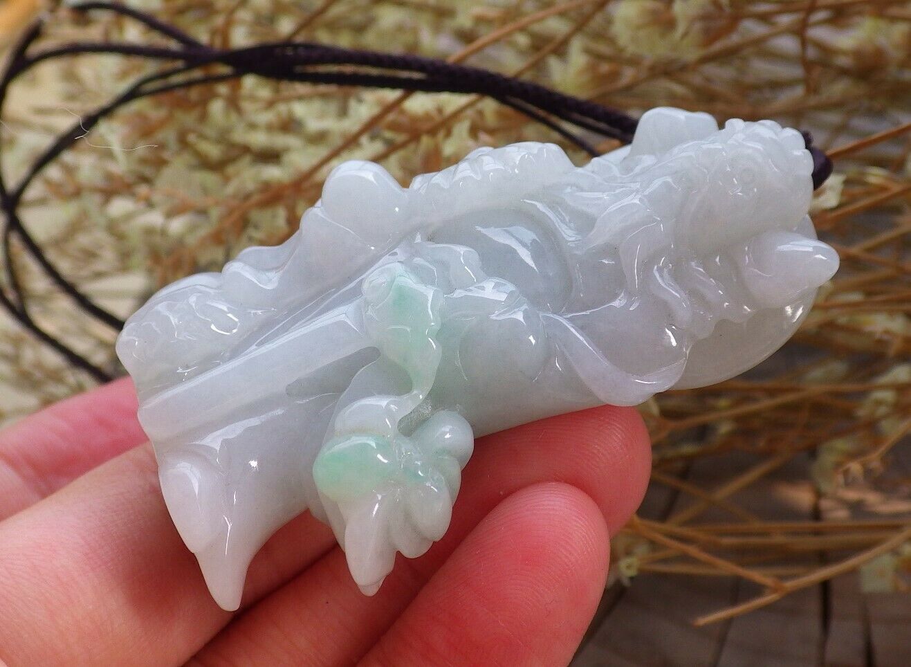 Certified Hand Carved Green Natural Myanmar Burma A Jade jadeite Zhong Kui God Bat Fan Pendant Necklace