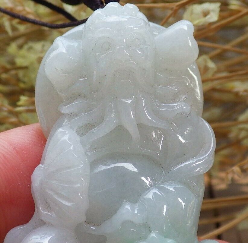 Certified Hand Carved Green Natural Myanmar Burma A Jade jadeite Zhong Kui God Bat Fan Pendant Necklace