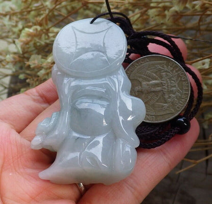 Certified Hand Carved Green Natural Myanmar Burma A Jade jadeite Zhong Kui God Bat Fan Pendant Necklace