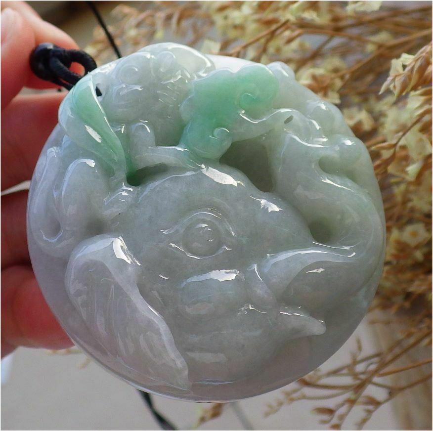 Certified Hand Carved Green Natural Myanmar Burma A Jade jadeite Elephant Monkey Ruyi Pendant Necklace