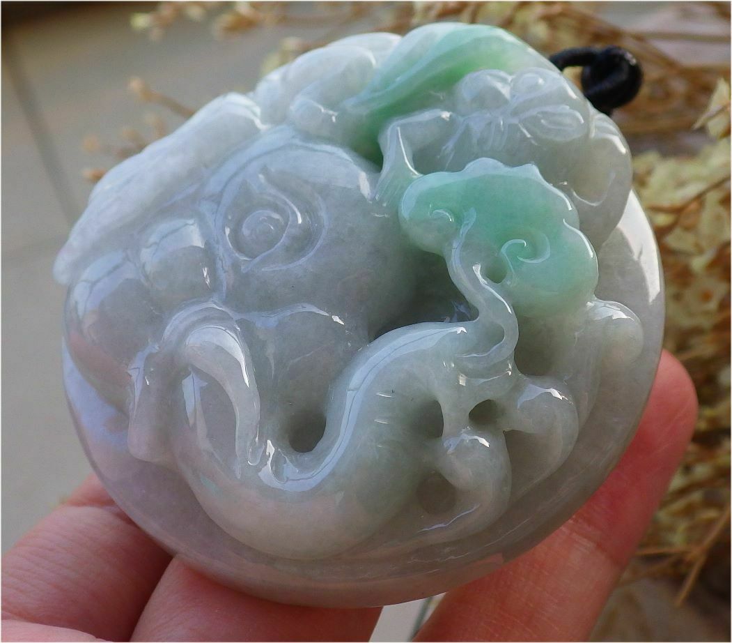 Certified Hand Carved Green Natural Myanmar Burma A Jade jadeite Elephant Monkey Ruyi Pendant Necklace