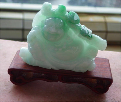 Certified Hand Carved Green Natural Myanmar Burma A Jade jadeite Happy Buddha God Ruyi Display with Wood Stand