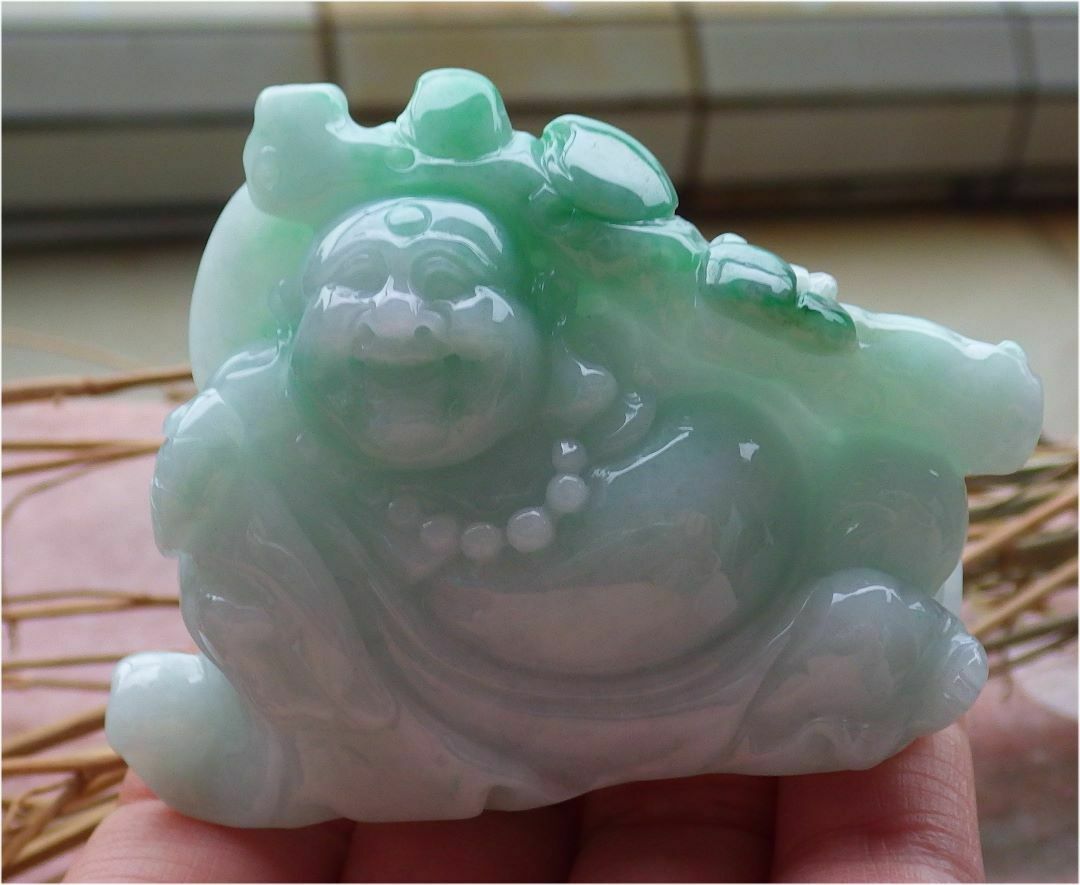 Certified Hand Carved Green Natural Myanmar Burma A Jade jadeite Happy Buddha God Ruyi Display with Wood Stand