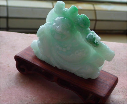 Certified Hand Carved Green Natural Myanmar Burma A Jade jadeite Happy Buddha God Ruyi Display with Wood Stand