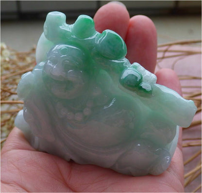 Certified Hand Carved Green Natural Myanmar Burma A Jade jadeite Happy Buddha God Ruyi Display with Wood Stand