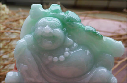 Certified Hand Carved Green Natural Myanmar Burma A Jade jadeite Happy Buddha God Ruyi Display with Wood Stand