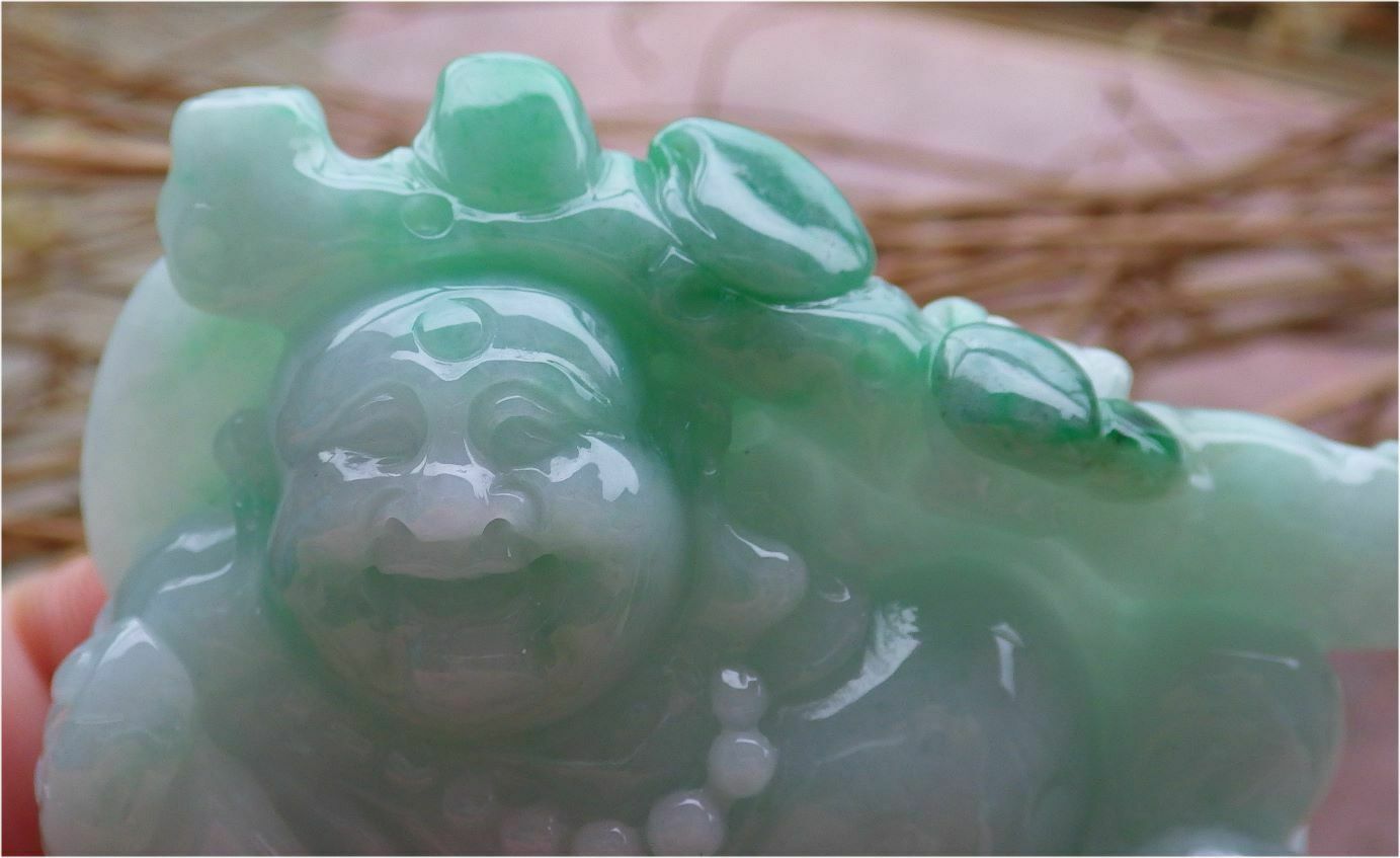 Certified Hand Carved Green Natural Myanmar Burma A Jade jadeite Happy Buddha God Ruyi Display with Wood Stand