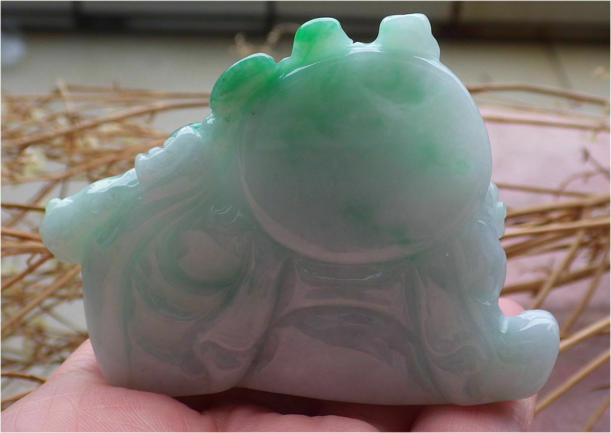 Certified Hand Carved Green Natural Myanmar Burma A Jade jadeite Happy Buddha God Ruyi Display with Wood Stand