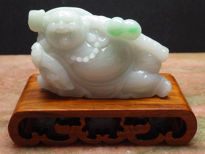 Certified Hand Carved Green Natural Myanmar Burma A Jade jadeite Happy Buddha God Gourd Display with Wood Stand