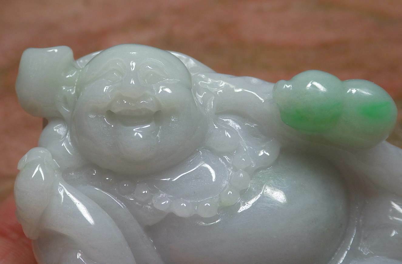 Certified Hand Carved Green Natural Myanmar Burma A Jade jadeite Happy Buddha God Gourd Display with Wood Stand