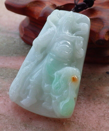 Certified Hand Carved Green Natural Myanmar Burma A Jade jadeite Guan Gong God Dragon Pendant Necklace