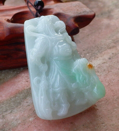 Certified Hand Carved Green Natural Myanmar Burma A Jade jadeite Guan Gong God Dragon Pendant Necklace