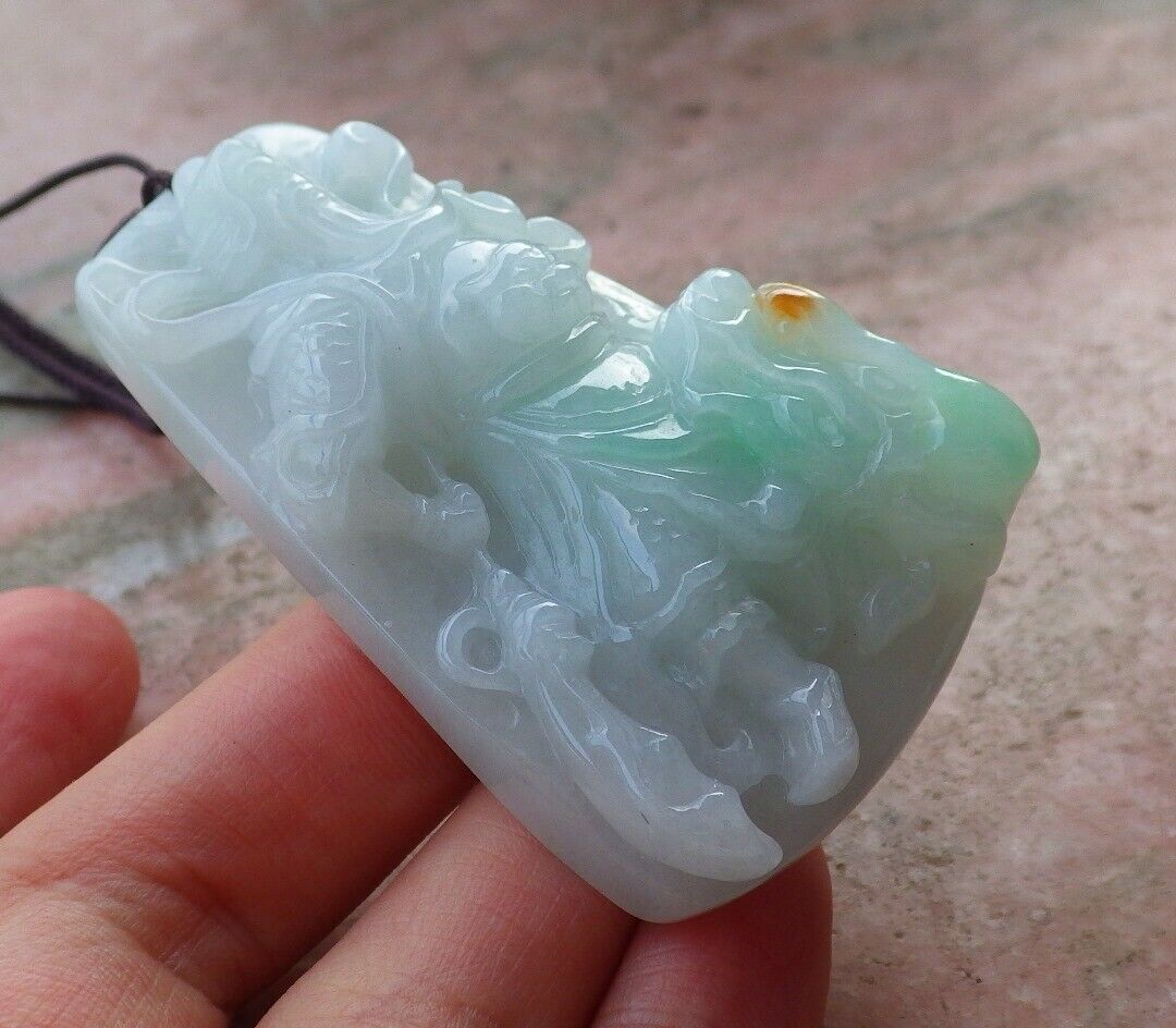 Certified Hand Carved Green Natural Myanmar Burma A Jade jadeite Guan Gong God Dragon Pendant Necklace