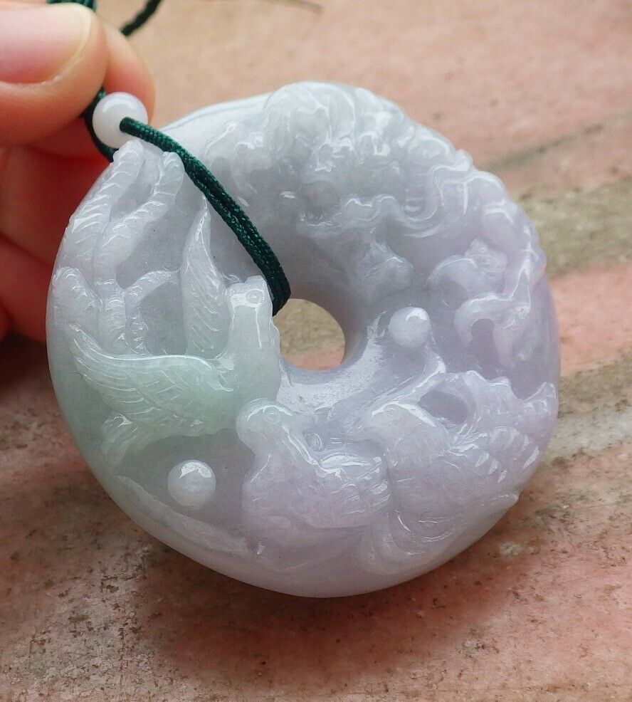 Certified Hand Carved Natural Myanmar Burma Grade A Jade jadeite Mandarin Duck Dragon Phoenix Pendant Necklace